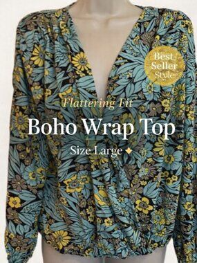 INC International Concepts Floral Wrap Top Large Boho Surplice Stretch Blouse